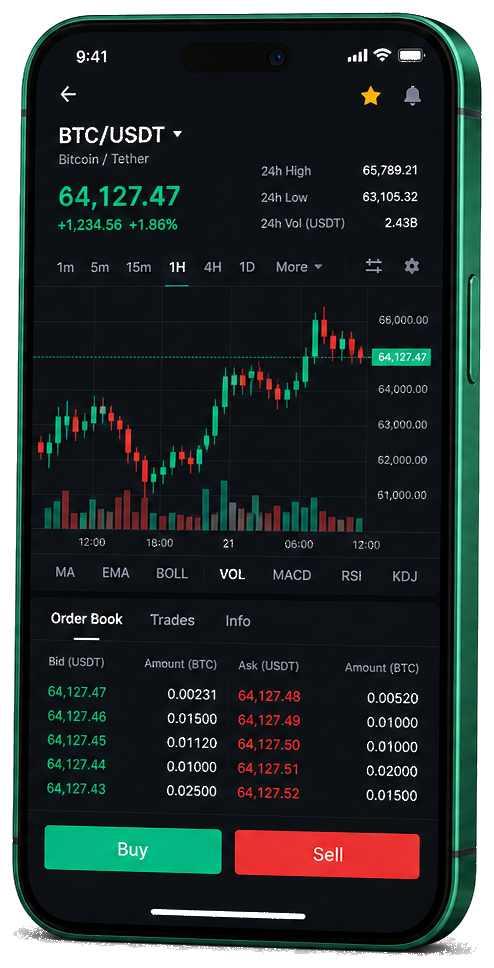 Profit Rings mobile app — live BTC/USDT charts, order book, and trading features